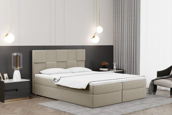 Alma_matt_velvet_09 beige Boxspringbett mit bettkasten und matratze + topper CLARA stoff Velvet
