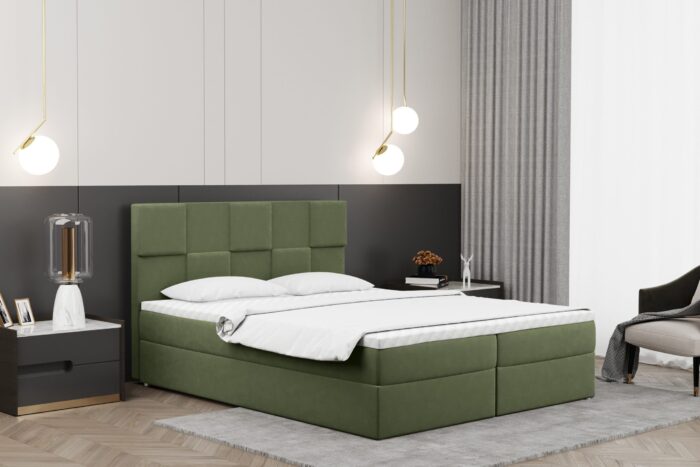 Alma_matt_velvet_38 olive Boxspringbett mit bettkasten und matratze + topper CLARA stoff Velvet