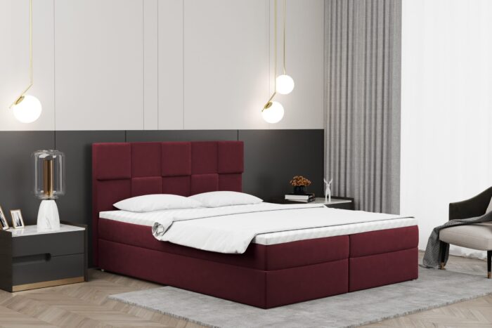 Alma_matt_velvet_68 rotwein Boxspringbett mit bettkasten und matratze + topper CLARA stoff Velvet