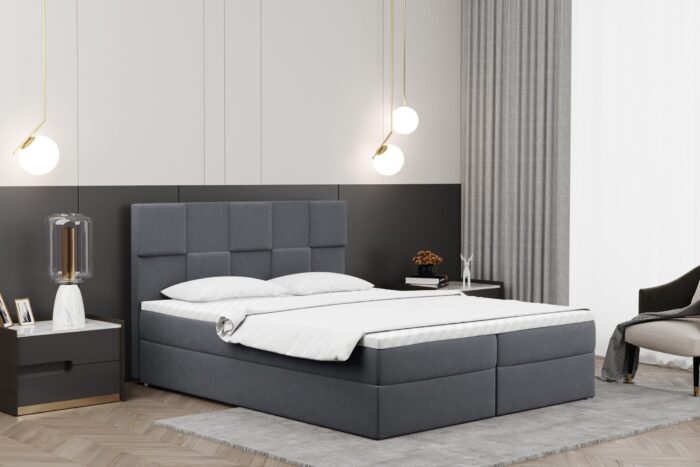 Alma_matt_velvet_93 grau Boxspringbett mit bettkasten und matratze + topper CLARA stoff Velvet