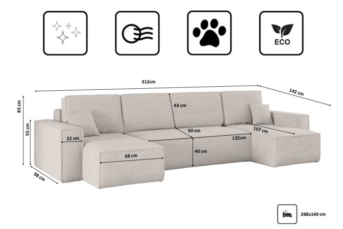 Ecksofa mit schlaffunktion und bettkasten, Sofa U-form, Couch U-form BEST Dicker Cord