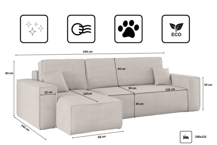 Ecksofa mit schlaffunktion und bettkasten, Eckcouch BEST stoff Poso Dicker Cord viele farben