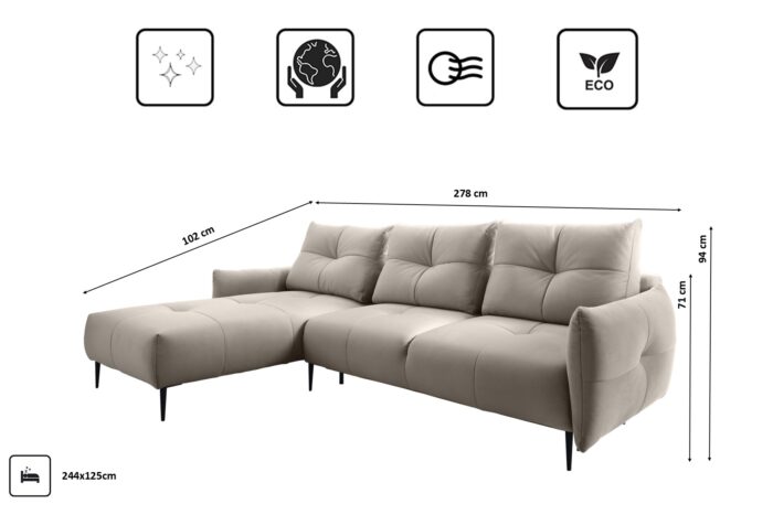 Ecksofa mit schlaffunktion und bettkasten, Desing eckouch SPEZIA stoff Solar