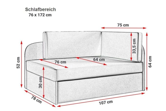 wymiar Kinderbett Kindersofa mit schlaffunktion und bettkasten, wachsendes Bett WINNIE Orange-Black
