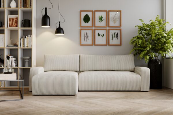 Ecksofa mit schlaffunktion und bettkasten, Couch L form, Schlaffunktion ARAGON Dicker Cord Beige