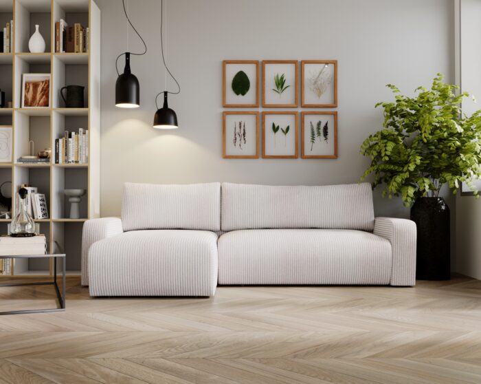 Ecksofa mit schlaffunktion und bettkasten, Couch L form, Schlaffunktion ARAGON Dicker Cord Ecru