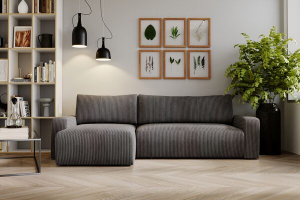 Ecksofa mit schlaffunktion und bettkasten, Couch L form, Schlaffunktion ARAGON Dicker Cord Dunkelgrau