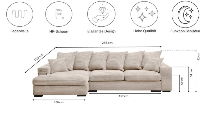 Ecksofa mit schlaffunktion und bettkasten, Sofa L-form, Couch L-form Gabon stoff Zoom