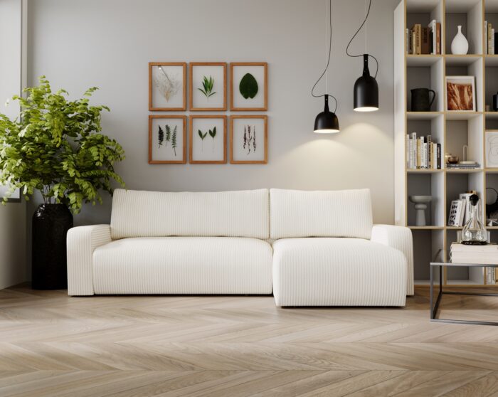 Ecksofa mit schlaffunktion und bettkasten, Couch L form, Schlaffunktion ARAGON Dicker Cord Ecru