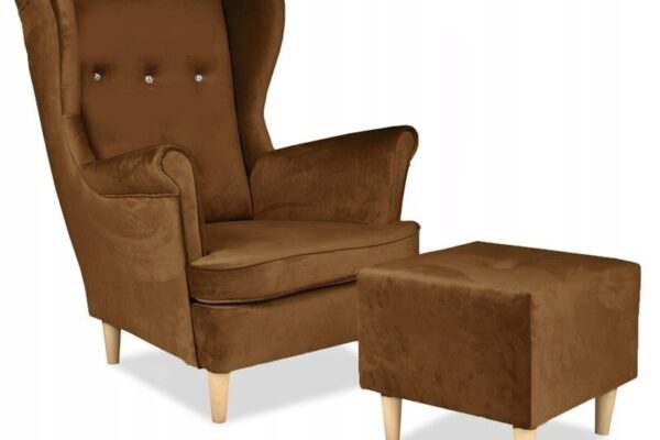 Ohrensessel sessel mit pouffe braun dunkelbeige tan wohnzimmer