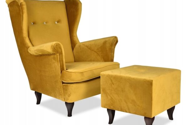 Ohrensessel Sessel mit Fußstütze Honig weichen Samt