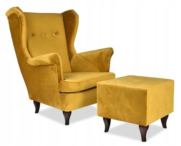 Ohrensessel Sessel mit Fußstütze Honig weichen Samt