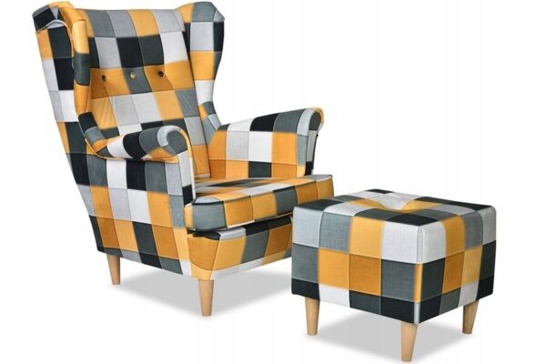 6c28d91cb8fa94d8cfa0ee4e91fb0737-1.jpg Ohrensessel Sessel mit Pouffe Karomuster gelb und schwarz