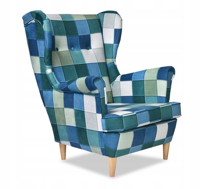 Ohrensessele Stuhl kariert Meer türkis Flasche grün
