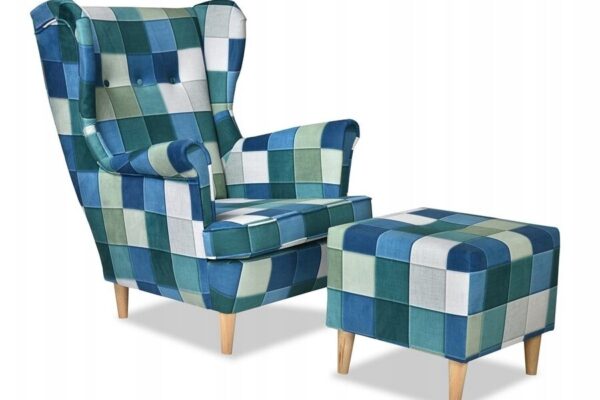 c770095a89207bad6e9b358a628bf09c-1.jpg Ohrensessel Sessel mit Pouffe blau grün kariert lounge