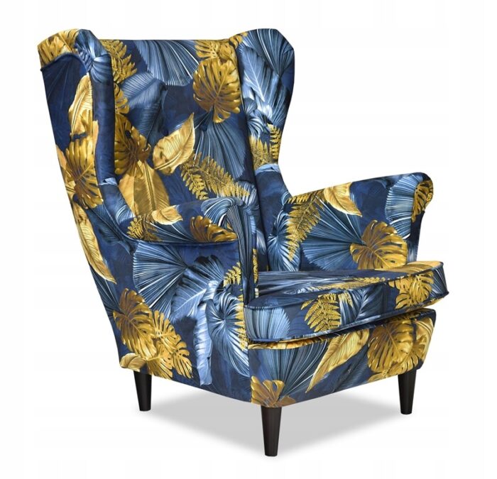 Ohrensessele Sessel GOLDEN MONSTER LEAVES kobaltfarbenes Muster