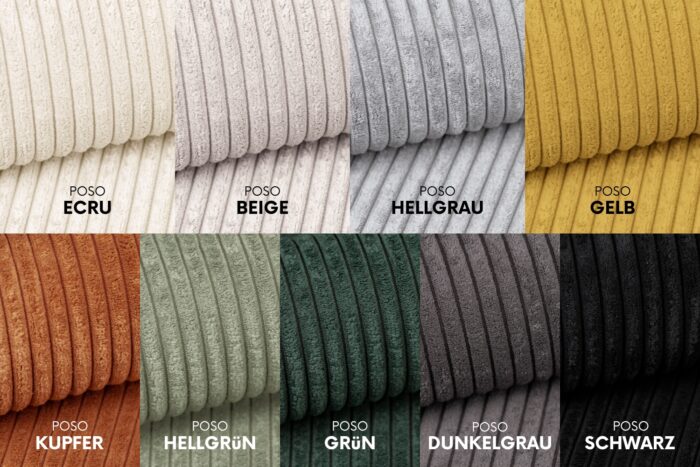 Ecksofa mit Schlaffunktion und Stauraum für Bettzeug, L-förmiges Sofa, Schlaffunktion Capri Stoff Poso