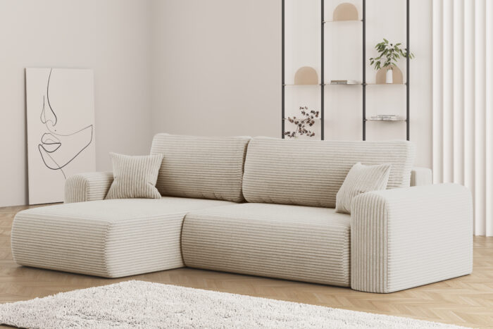 Ecksofa mit Schlaffunktion und Stauraum für Bettzeug, L-förmiges Sofa, Schlaffunktion Capri Stoff Poso