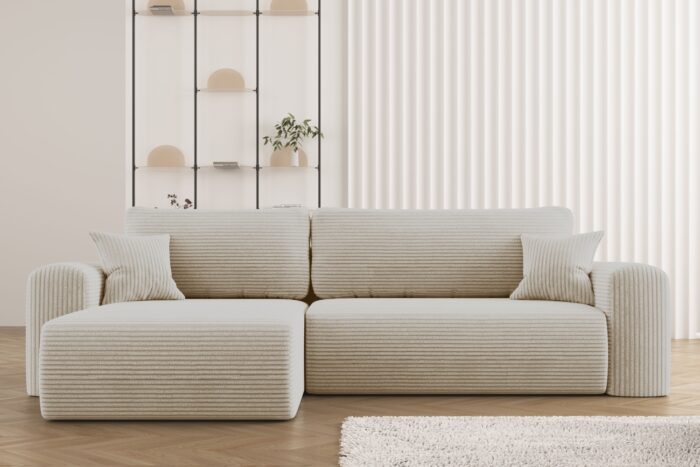 Ecksofa mit Schlaffunktion und Stauraum für Bettzeug, L-förmiges Sofa, Schlaffunktion Capri Stoff Poso