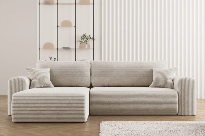 Ecksofa mit Schlaffunktion und Stauraum für Bettzeug, L-förmiges Sofa, Schlaffunktion Capri Stoff Poso