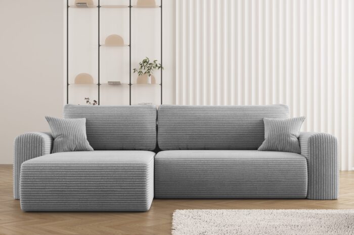 Ecksofa mit Schlaffunktion und Stauraum für Bettzeug, L-förmiges Sofa, Schlaffunktion Capri Stoff Poso