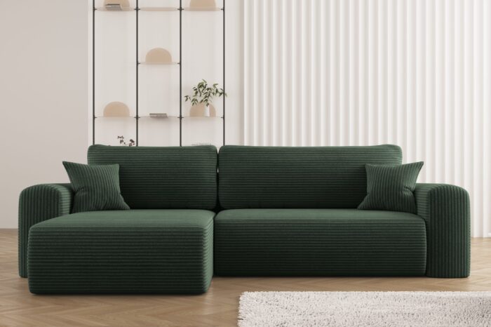 Ecksofa mit Schlaffunktion und Stauraum für Bettzeug, L-förmiges Sofa, Schlaffunktion Capri Stoff Poso