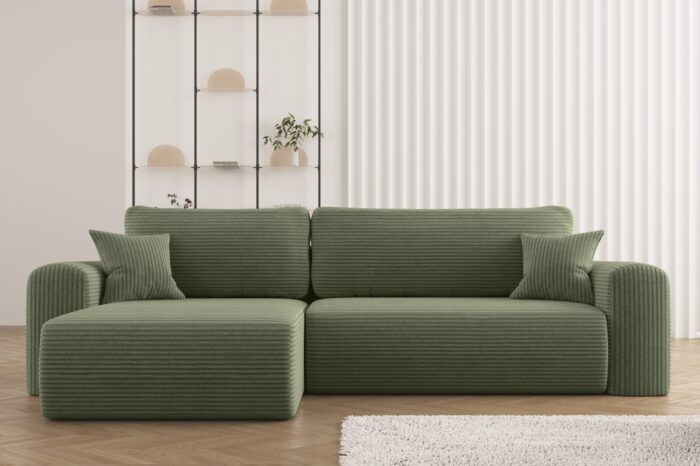 Ecksofa mit Schlaffunktion und Stauraum für Bettzeug, L-förmiges Sofa, Schlaffunktion Capri Stoff Poso