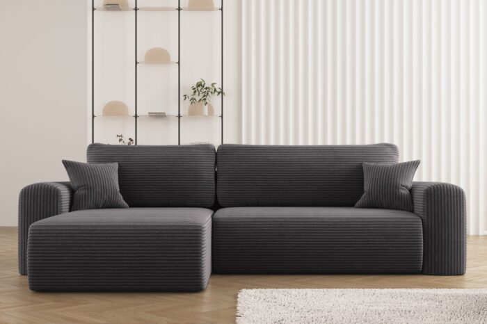 Ecksofa mit Schlaffunktion und Stauraum für Bettzeug, L-förmiges Sofa, Schlaffunktion Capri Stoff Poso