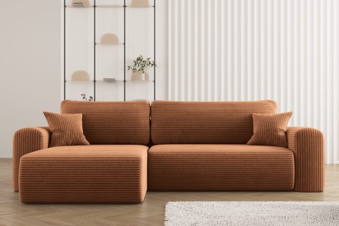 Ecksofa mit Schlaffunktion und Stauraum für Bettzeug, L-förmiges Sofa, Schlaffunktion Capri Stoff Poso