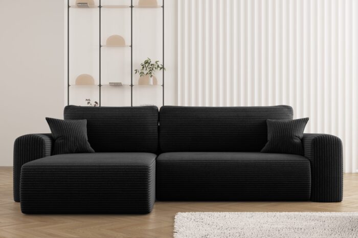 Ecksofa mit Schlaffunktion und Stauraum für Bettzeug, L-förmiges Sofa, Schlaffunktion Capri Stoff Poso