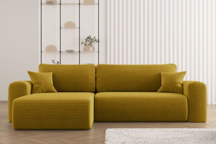 Ecksofa mit Schlaffunktion und Stauraum für Bettzeug, L-förmiges Sofa, Schlaffunktion Capri Stoff Poso
