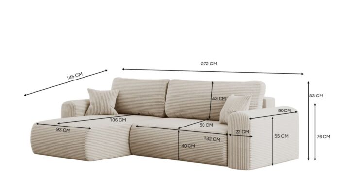 Ecksofa mit Schlaffunktion und Stauraum für Bettzeug, L-förmiges Sofa, Schlaffunktion Capri Stoff Poso