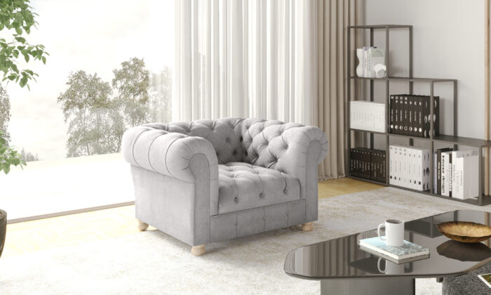 _0016_ar_chesterfild_1_whisper_16 silver Stilvoller, eleganter, klassischer CHESTERFIELD Sessel, stark gesteppt in elegantem Whisper-Stoff