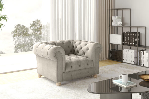 Stilvoller, eleganter, klassischer CHESTERFIELD Sessel, stark gesteppt in elegantem Whisper-Stoff