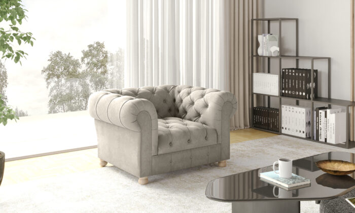 Stilvoller, eleganter, klassischer CHESTERFIELD Sessel, stark gesteppt in elegantem Whisper-Stoff