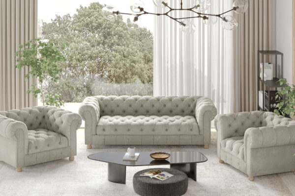 CHESTERFIELD 3+1+1 Sofagarnitur, elegant, klassisch, schick in elegantem Whisper Stoff