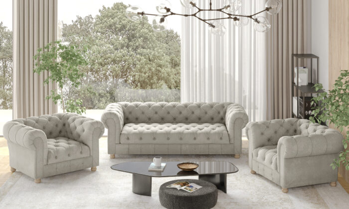 CHESTERFIELD 3+1+1 Sofagarnitur, elegant, klassisch, schick in elegantem Whisper Stoff