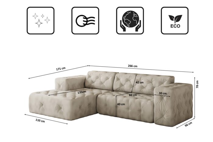 Freistehendes Ecksofa, stark gesteppt, weich, elegant LUX stoff Whisper