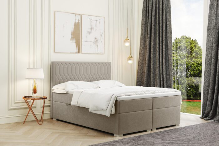 Boxspringbett mit bettkasten und matratze + topper RIMINI stoff Riviera