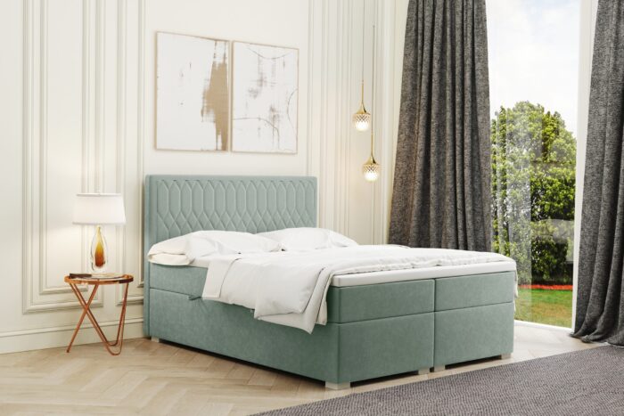 Boxspringbett mit bettkasten und matratze + topper RIMINI stoff Riviera