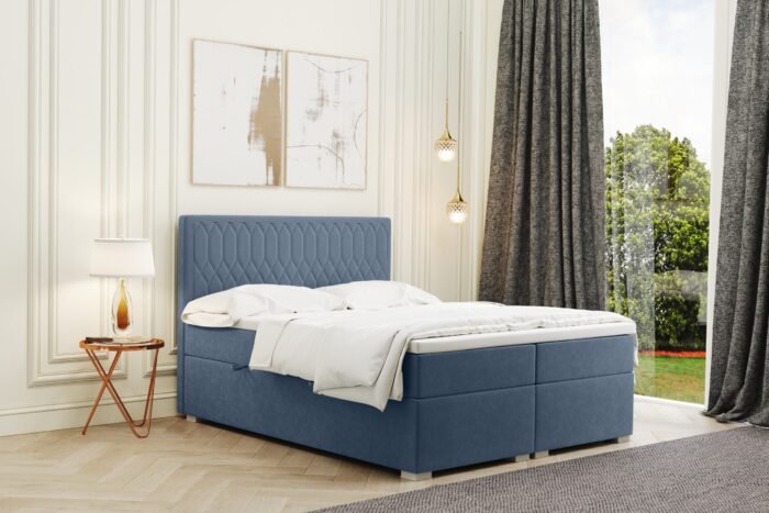 Boxspringbett mit bettkasten und matratze + topper RIMINI stoff Riviera
