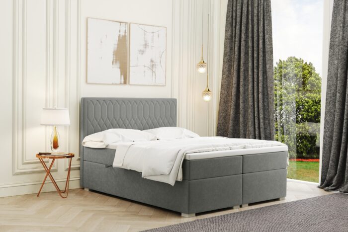 Boxspringbett mit bettkasten und matratze + topper RIMINI stoff Riviera