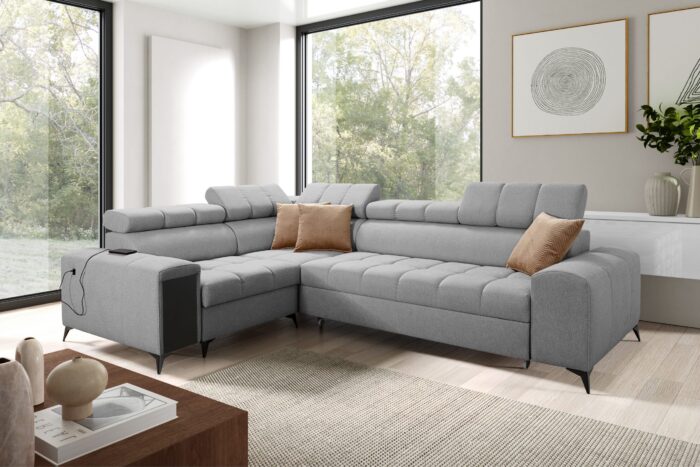 Elegantes Ecksofa mit modischer Steppung mit Schlaffunktion, Bar, USB GRECO II