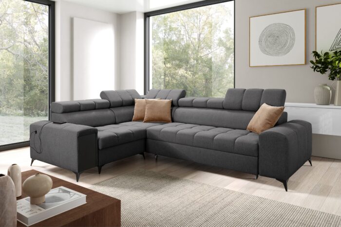 Elegantes Ecksofa mit modischer Steppung mit Schlaffunktion, Bar, USB GRECO II