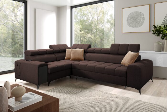 Elegantes Ecksofa mit modischer Steppung mit Schlaffunktion, Bar, USB GRECO II