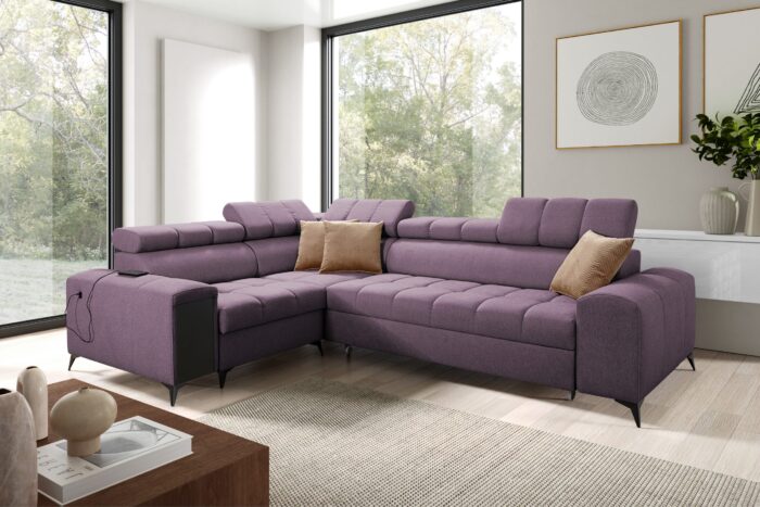 AVRA_9 L violett Elegantes Ecksofa mit modischer Steppung mit Schlaffunktion, Bar, USB GRECO II
