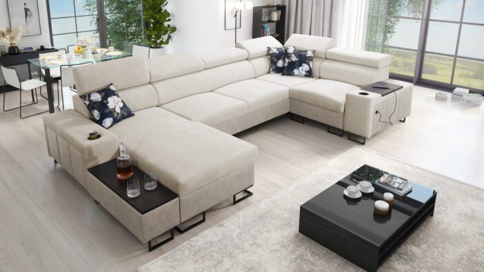 Großes Ecksofa für das Wohnzimmer mit Bar und Schlaffunktion MELODY IV MAXI