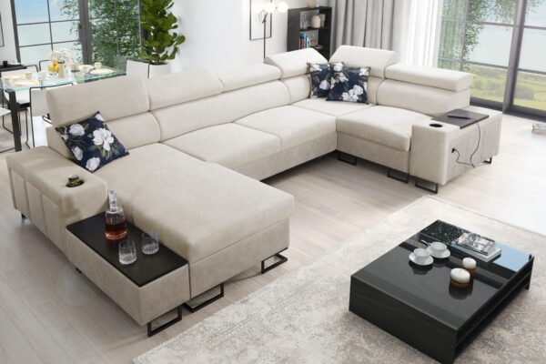 Großes Ecksofa für das Wohnzimmer mit Bar und Schlaffunktion MELODY IV MINI
