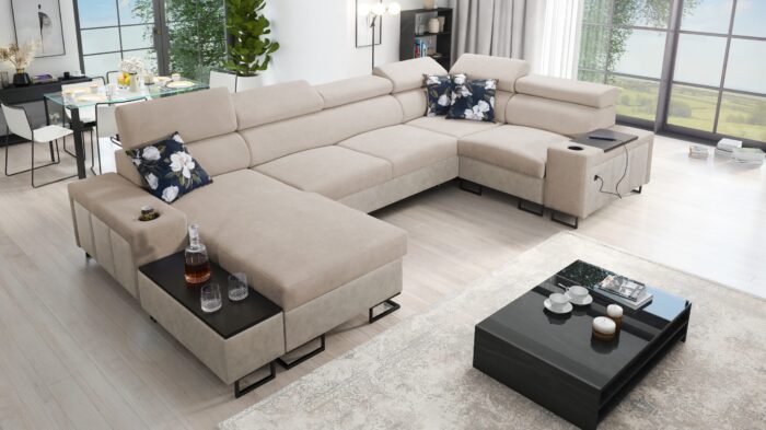 Großes Ecksofa für das Wohnzimmer mit Bar und Schlaffunktion MELODY IV MAXI