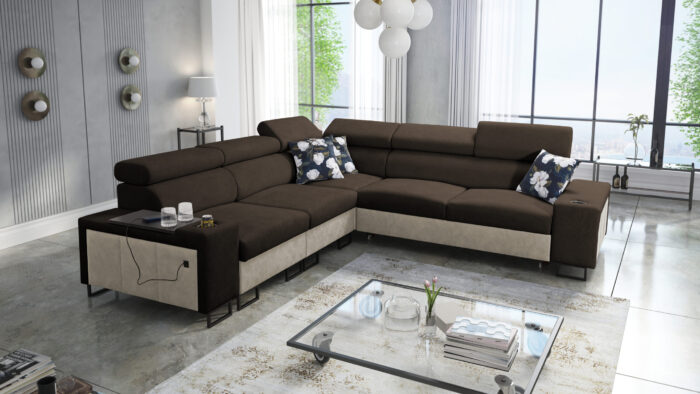 L-förmiges Ecksofa mit Schlaffunktion MELODY III, modern, luxuriös, mit Bar